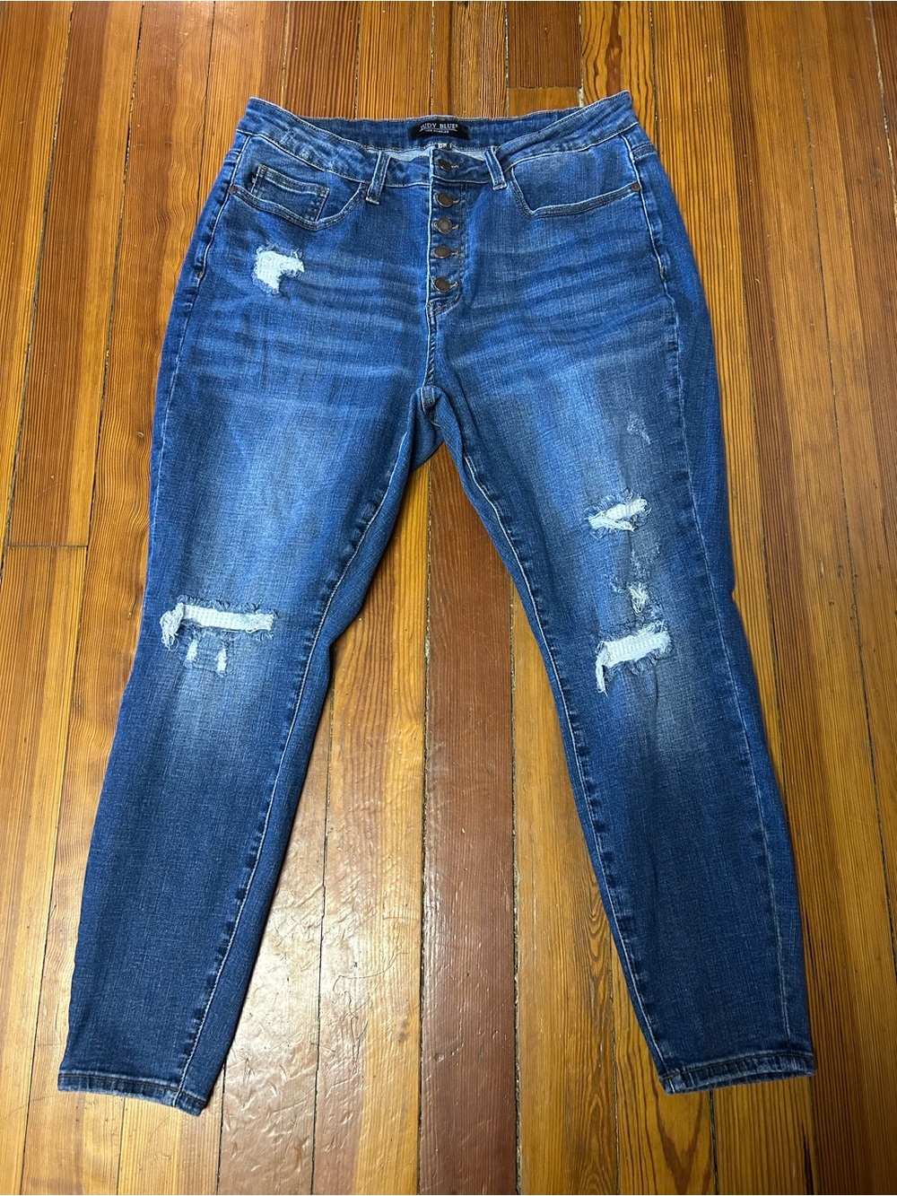 Judy Blue High-Rise Distressed Button-Fly Jeans - Blue